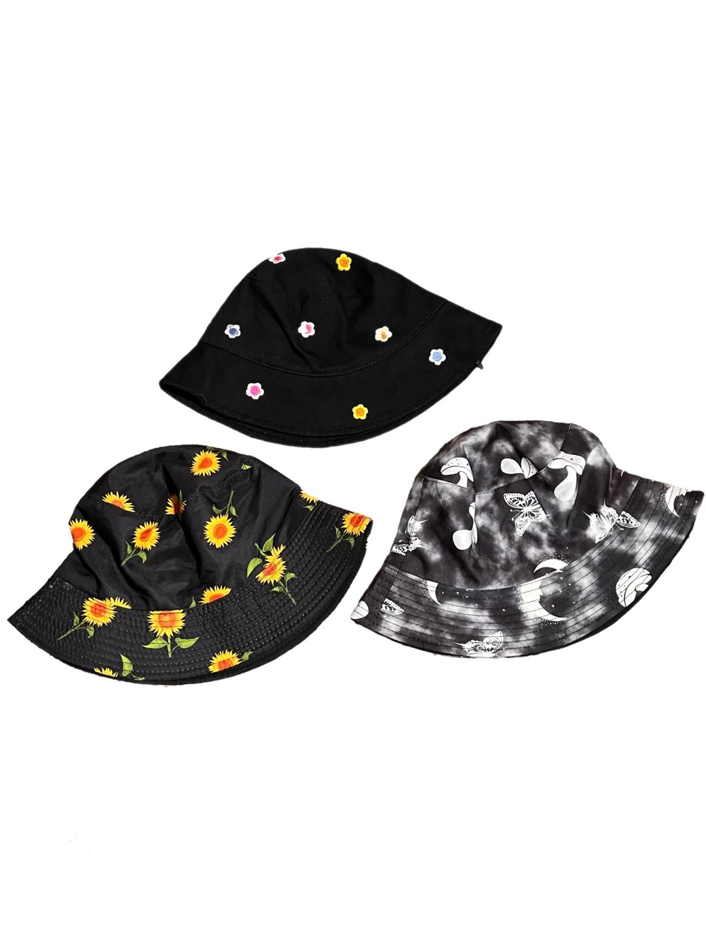 Lot of 3 Bucket Hats- Flower, Mushroom and Butterflies, Sunflower Print